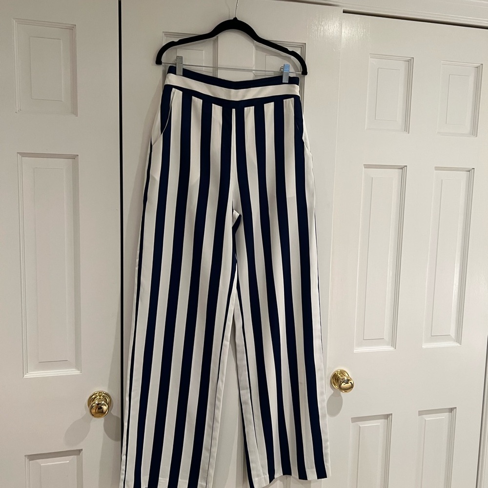 Uterque Palazzo Navy and White Striped Wide Leg Pants